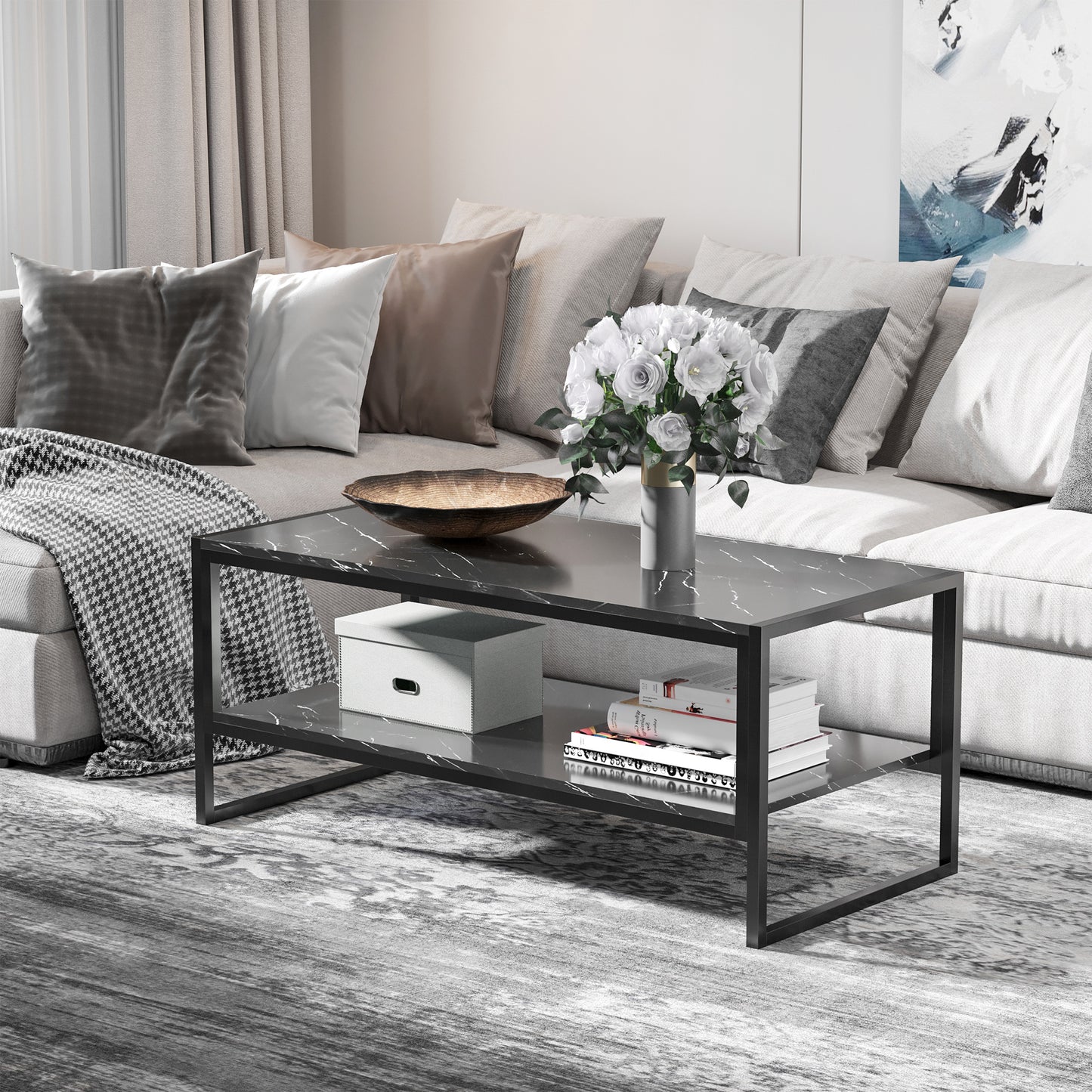 HOMCOM Modern Marble Texture Coffee Table with Storage Shelf for Living Room