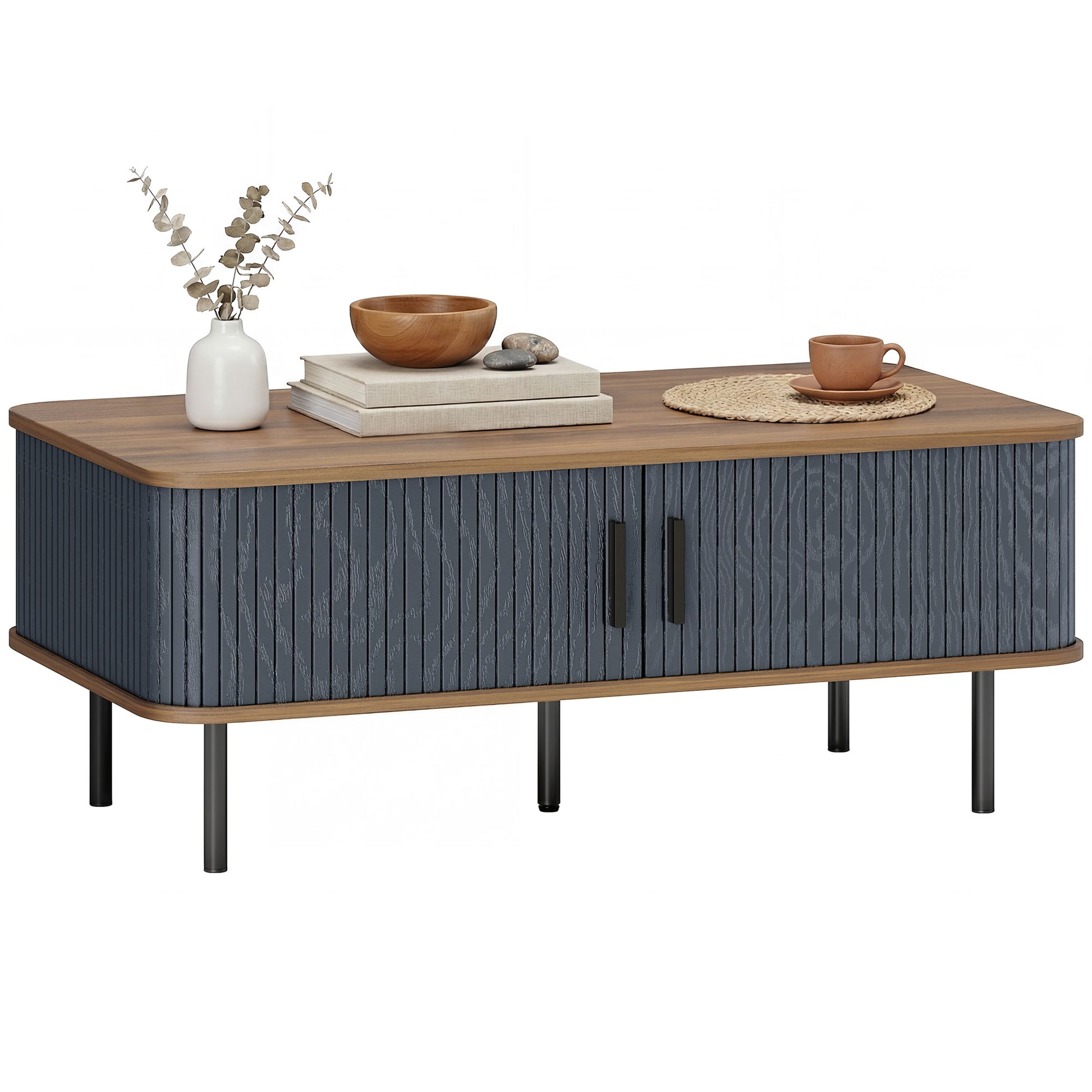 HOMCOM Nordic Side Table with Fluted Sliding Doors, Black