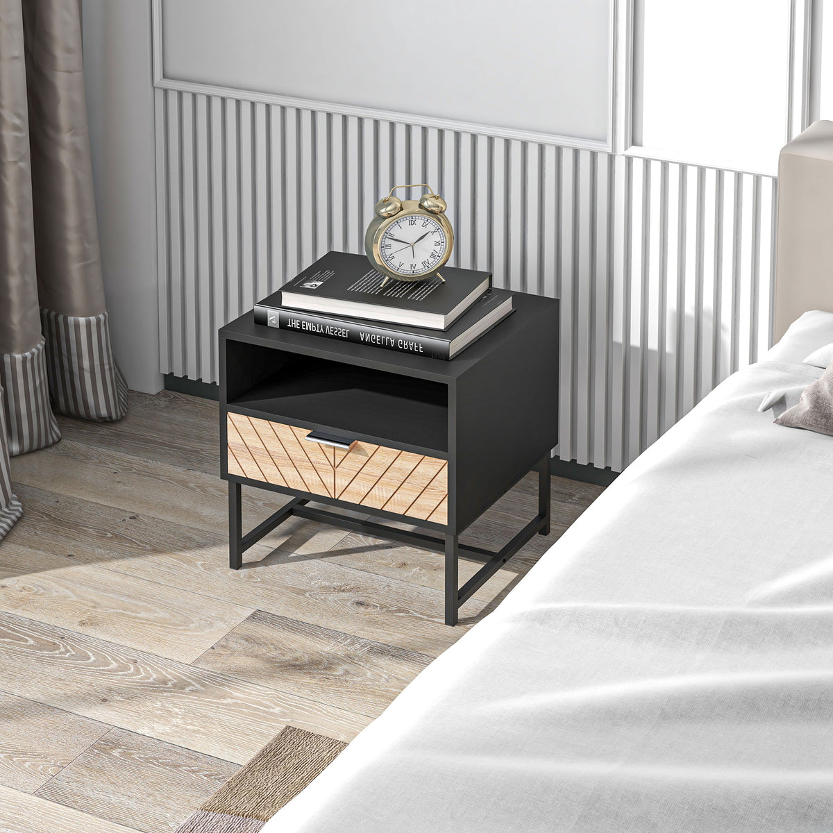 Two-Tone Bedside Table with Drawer and Shelf – 18"W x 19"H