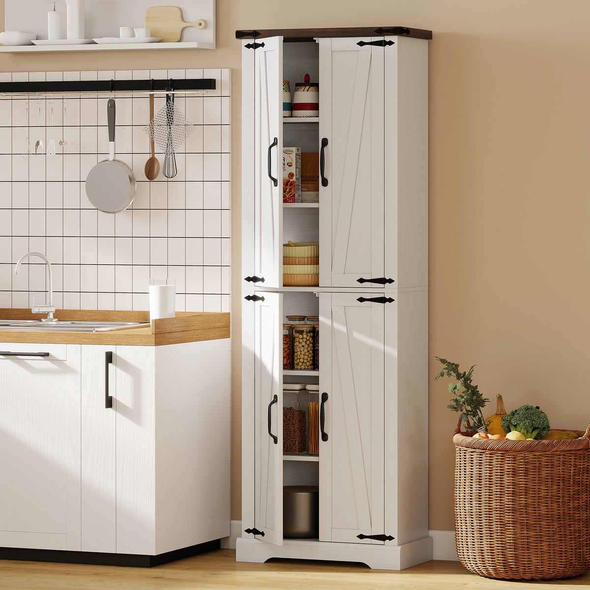 Farmhouse Freestanding Kitchen Storage Cabinet with Adjustable Shelves – 24"W x 72"H