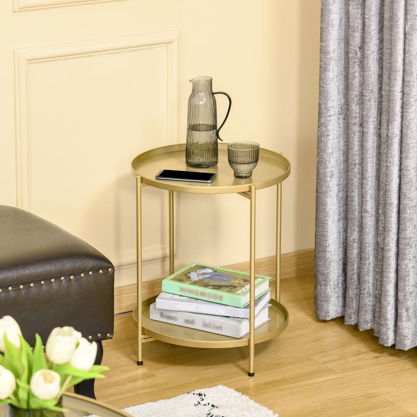 HOMCOM 2-Tier Gold Round Side Table, Removable Trays, Folding Metal Frame