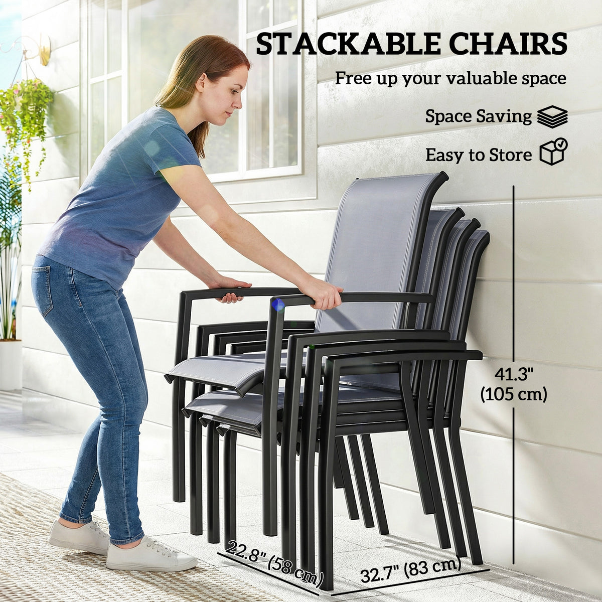 Stackable Patio Chairs Set of 4, Outdoor Dining Chairs with All Weather Breathable Mesh and Armrests