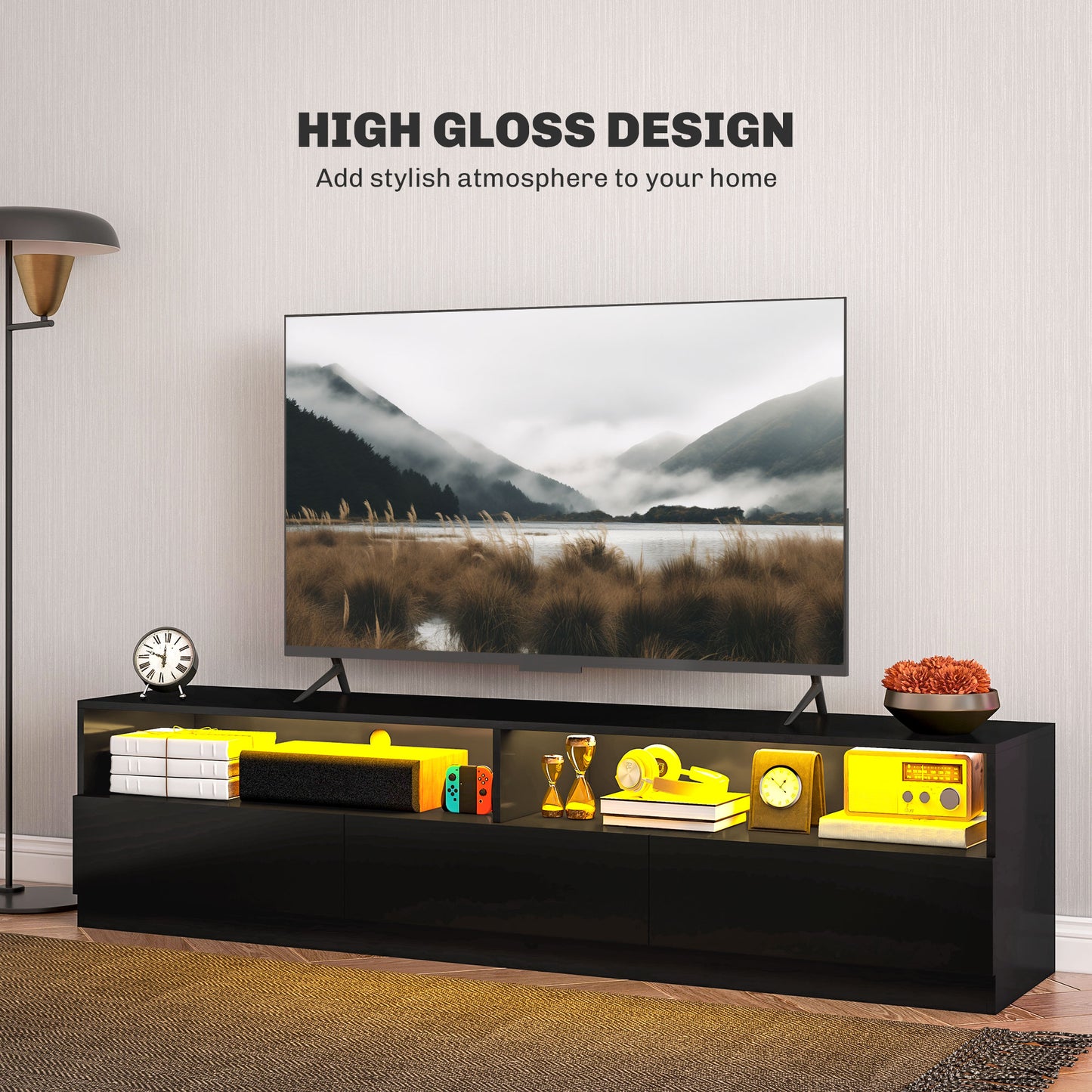 HOMCOM Modern LED Lighted TV Stand for 75 Inch TVs, High Gloss Black