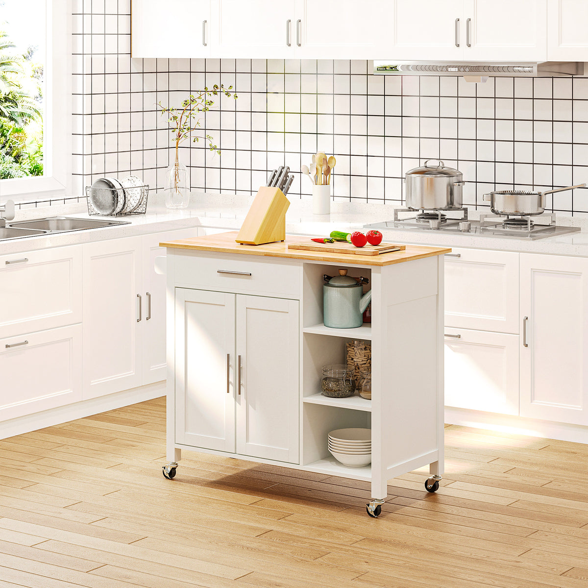 Rolling Kitchen Island with Drawer and Swivel Wheels – 42"W x 35"H