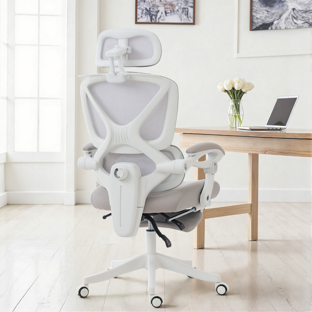 Mesh Desk Chair with Adjustable Headrest, Light Grey