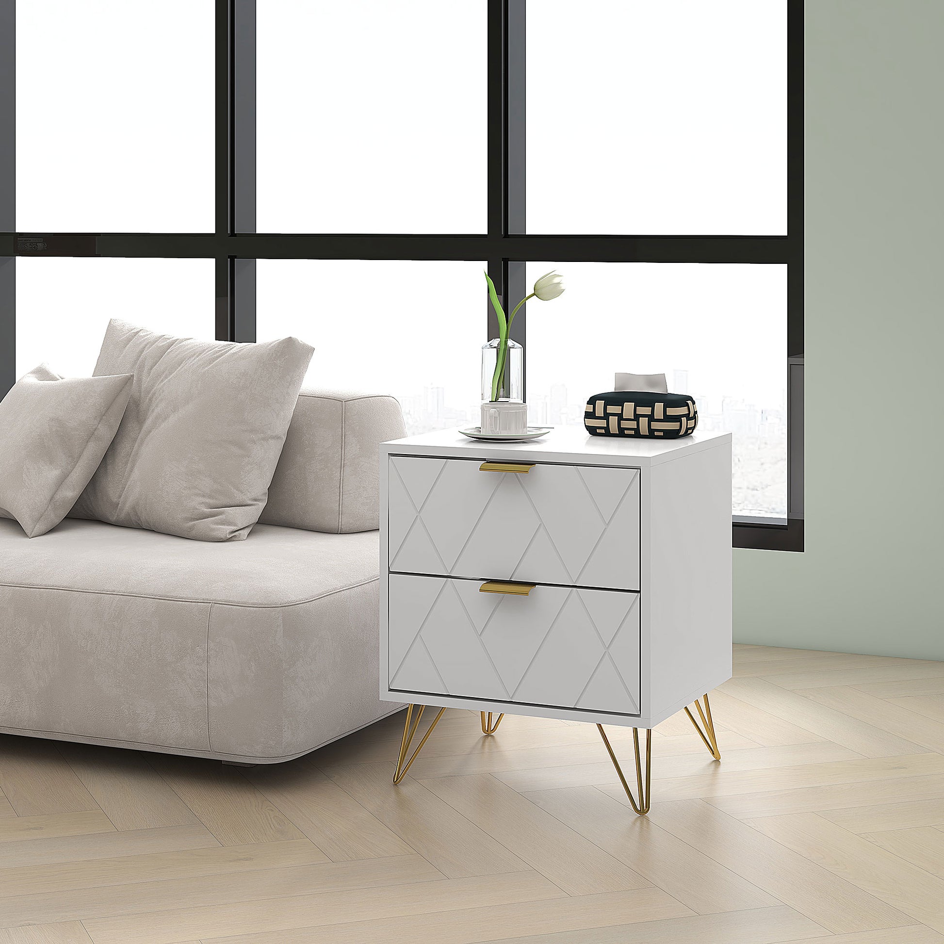 Modern White Bedside Table Accent Nightstand with 2 Storage Drawers, Hairpin Legs