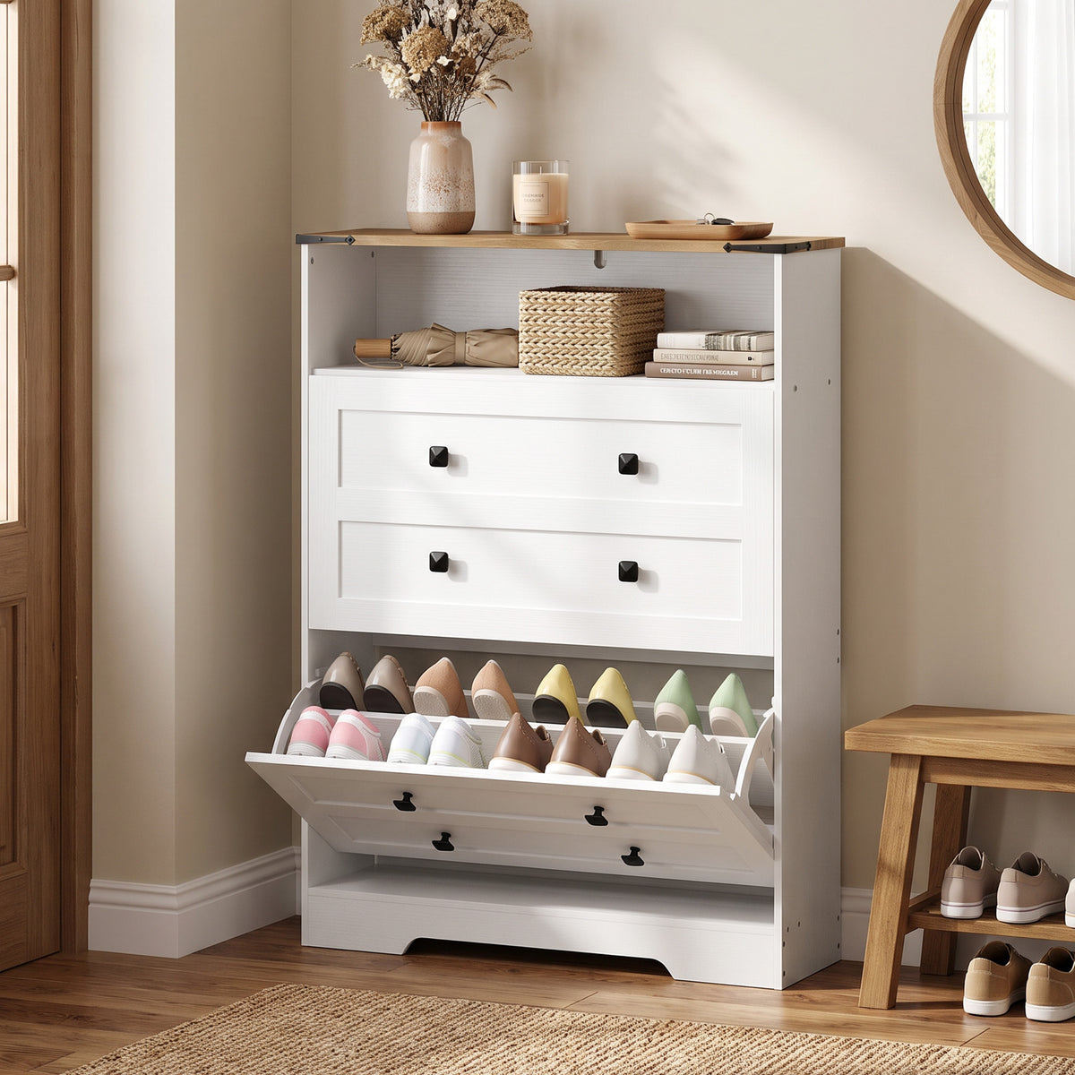 Slim Entryway Shoe Cabinet with 2 Flip Drawers – 31"W x 43"H