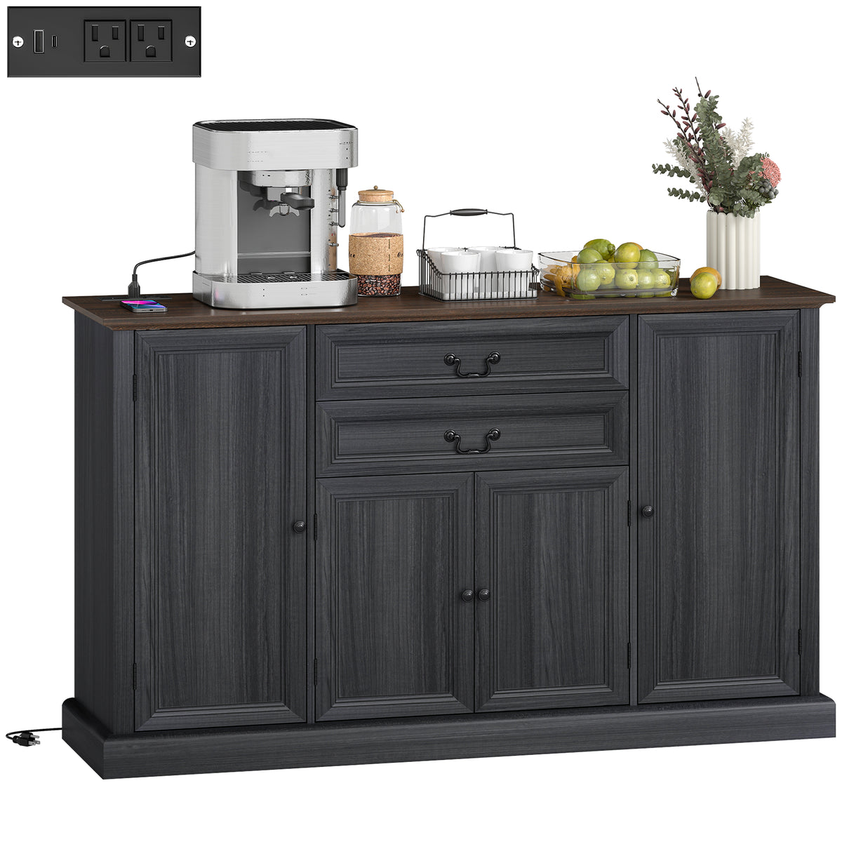 Farmhouse Sideboard with Charging Station and Thickened Top – 58"W x 34"H