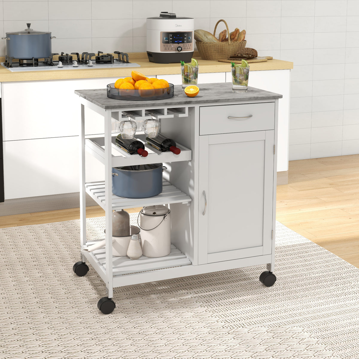 Rolling Kitchen Cart with Wine Rack – 30"W x 35"H