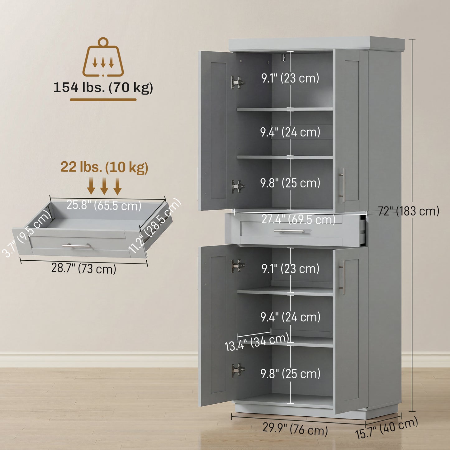 HOMCOM 72" Freestanding Storage Cabinet With 4 Doors Grey