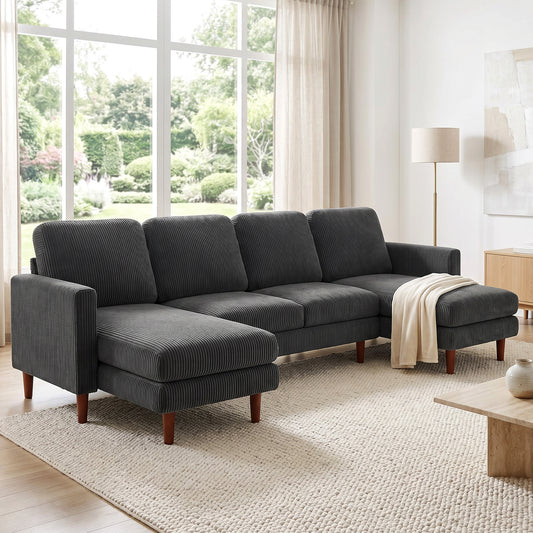 Corduroy U-Shaped Sectional with Double Chaise & Spring Cushions