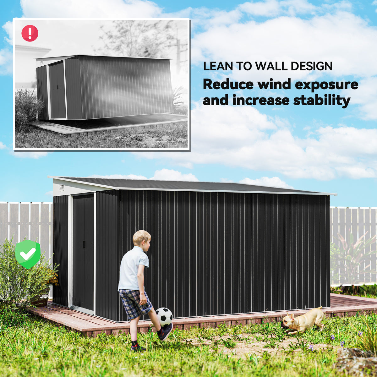 11' x 9' Steel Garden Storage Shed, Outdoor Metal Tool House with Double Sliding Doors – Dark Grey