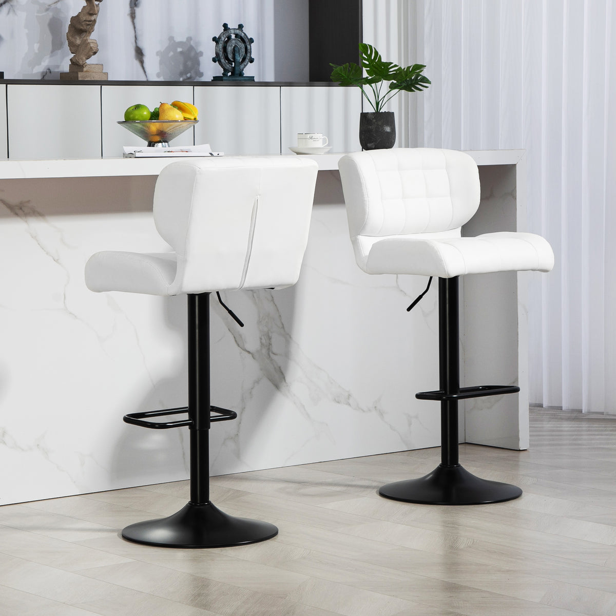 Tufted PU Leather Swivel Bar Stools with Footrest, Set of 2, White