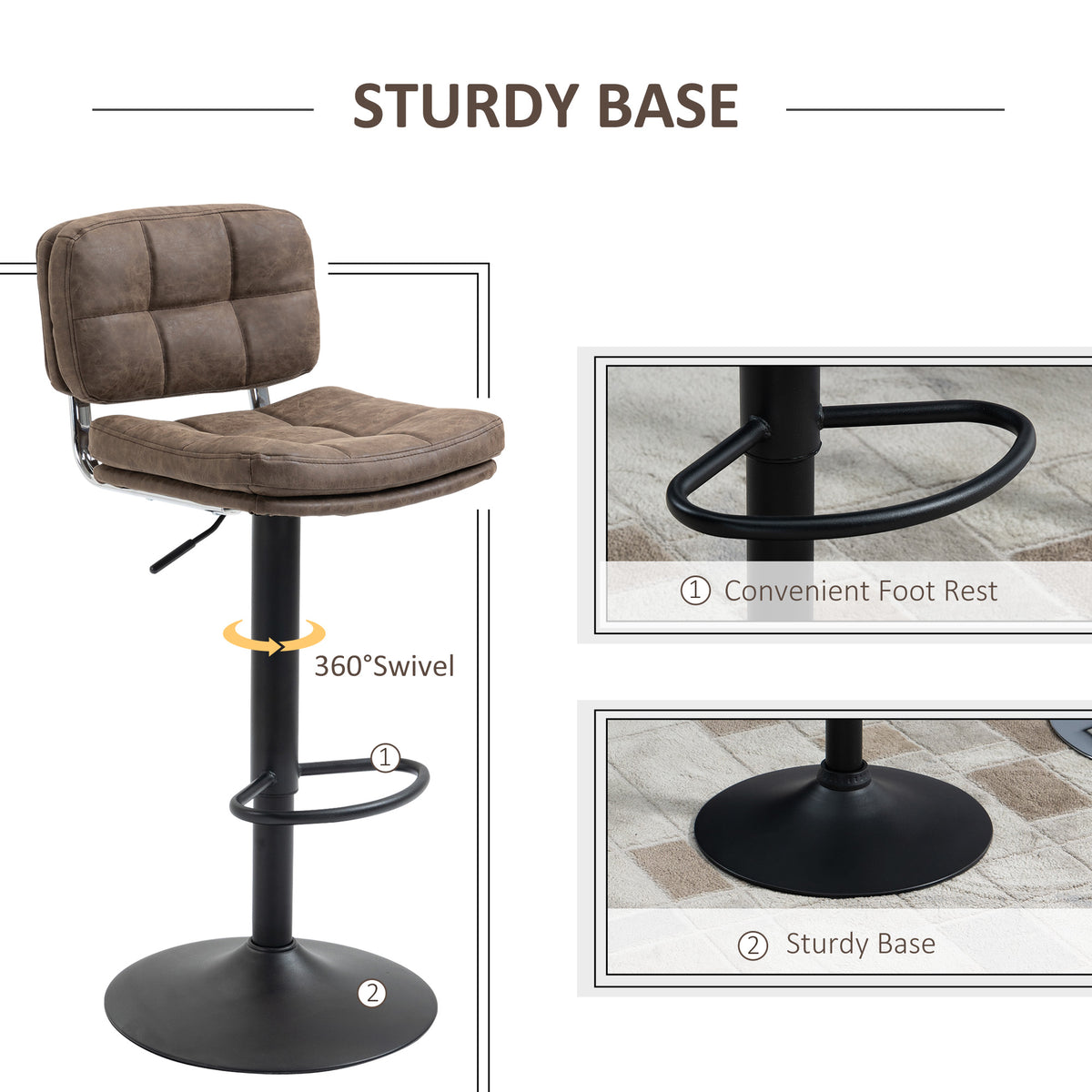 PU Leather Adjustable Swivel Counter Stools with Back and Footrest, Set of 2, Black