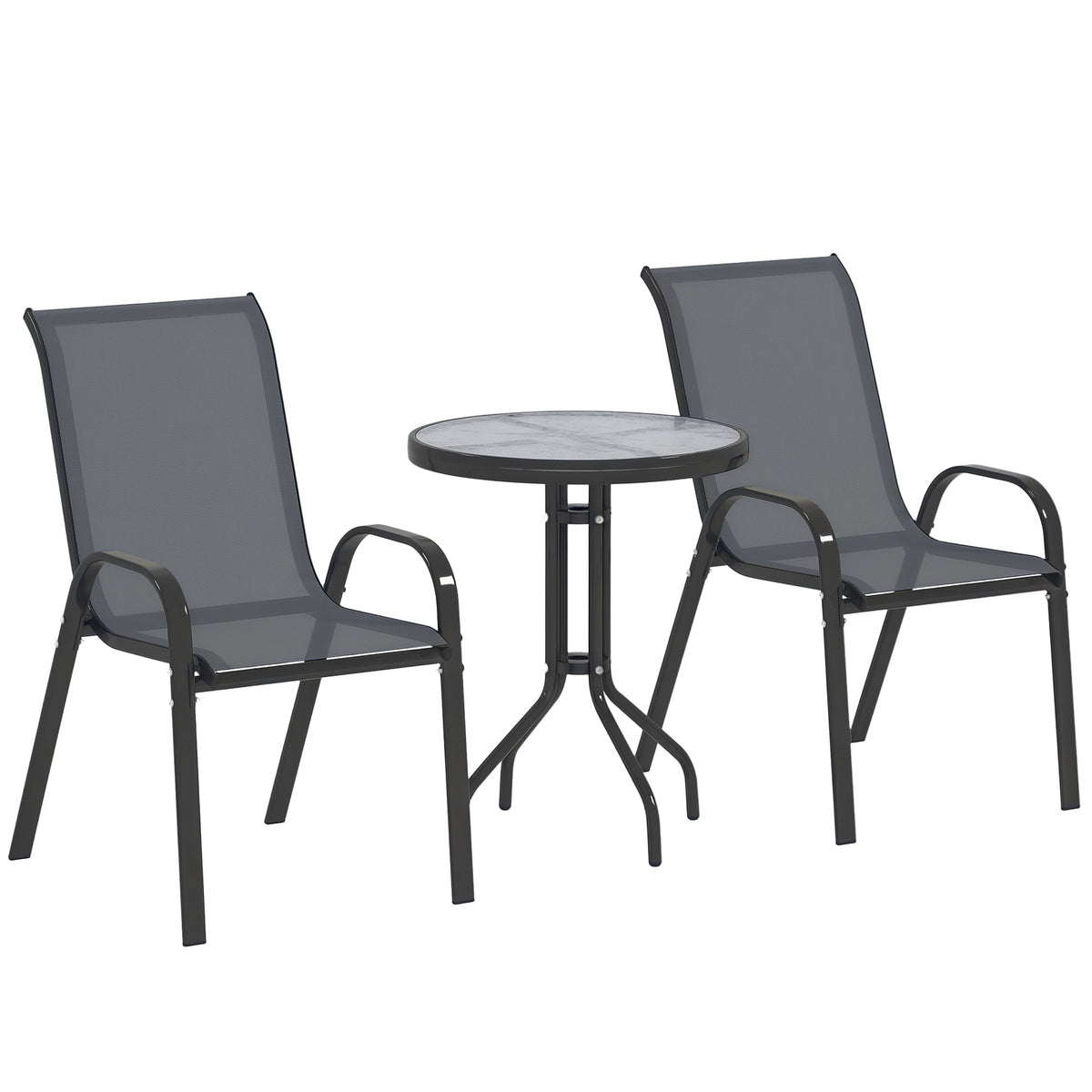 3 Pieces Bistro Set, Small Patio Furniture Set with Stackable Mesh Chairs, Glass Table for Garden, Balcony – Dark Grey
