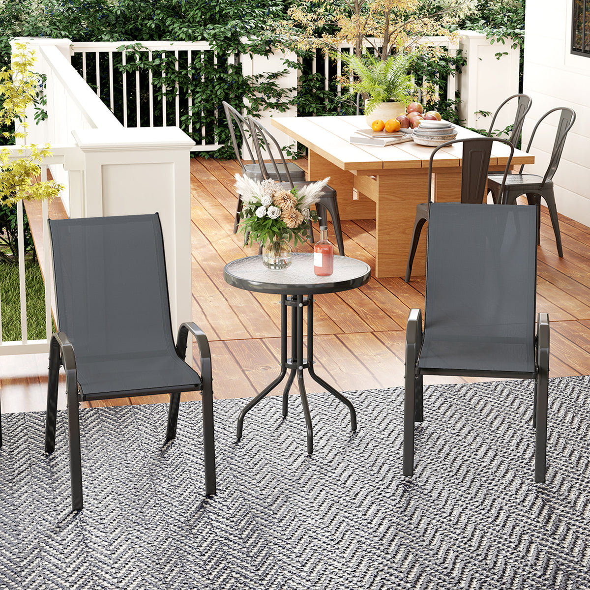 3 Pieces Bistro Set, Small Patio Furniture Set with Stackable Mesh Chairs, Glass Table for Garden, Balcony – Dark Grey