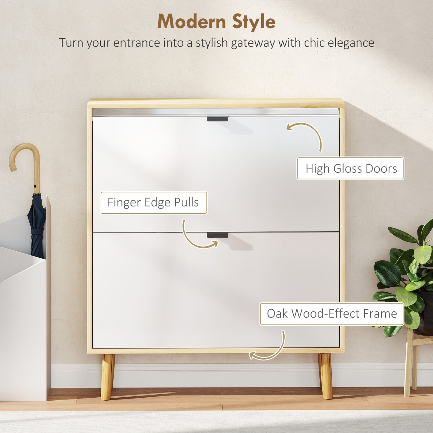 Space-Saving High Gloss White Shoe Cabinet, 2 Flip Drawers, Adjustable Shelves