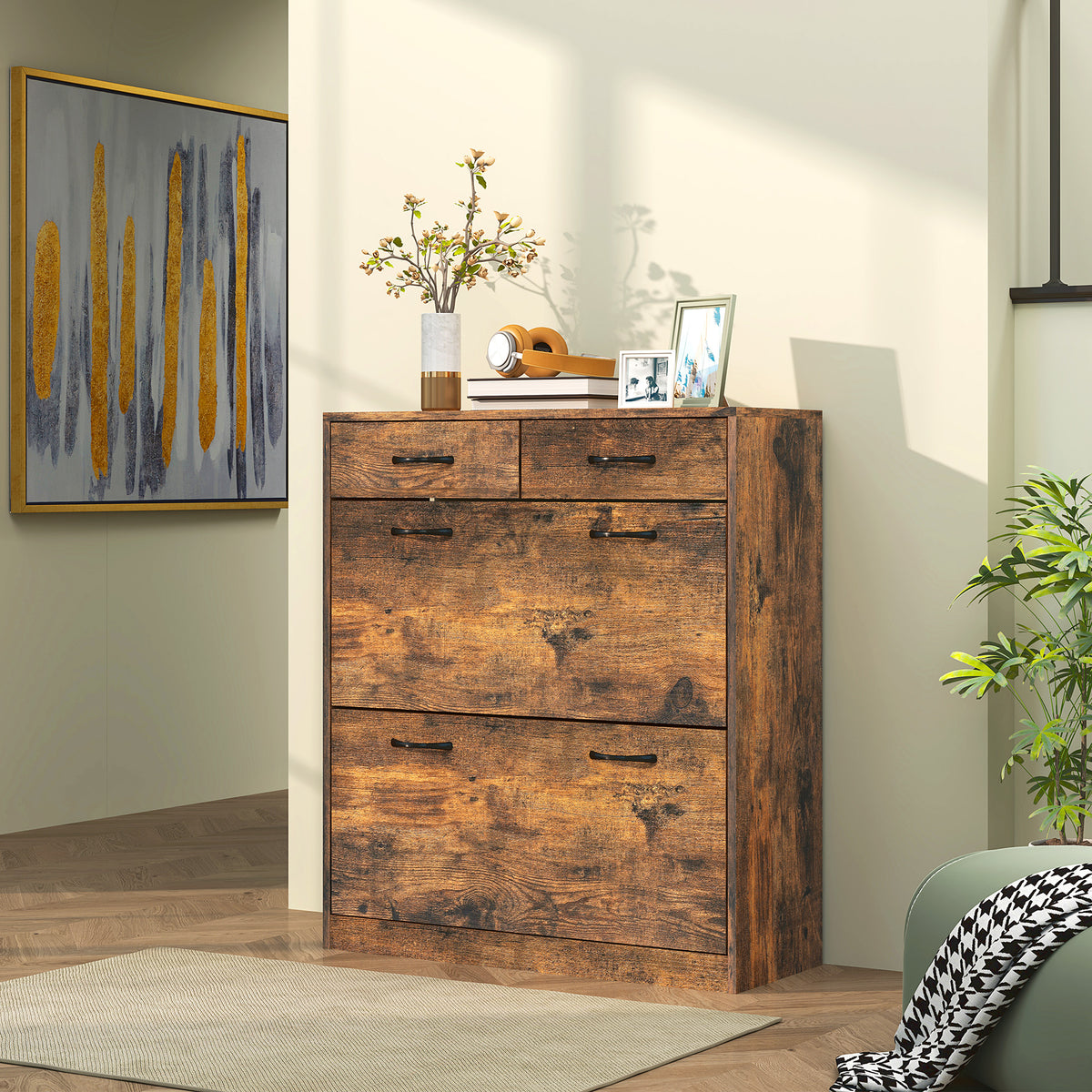 Narrow Shoe Storage with 2 Flip Drawers and Adjustable Shelves – 32"W x 36"H