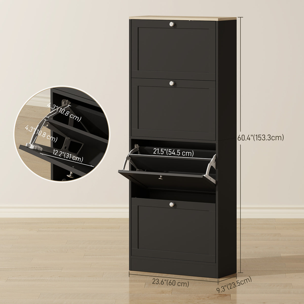 Modern Shoe Storage Cabinet with 4 Flip Drawers – 24"W x 60"H