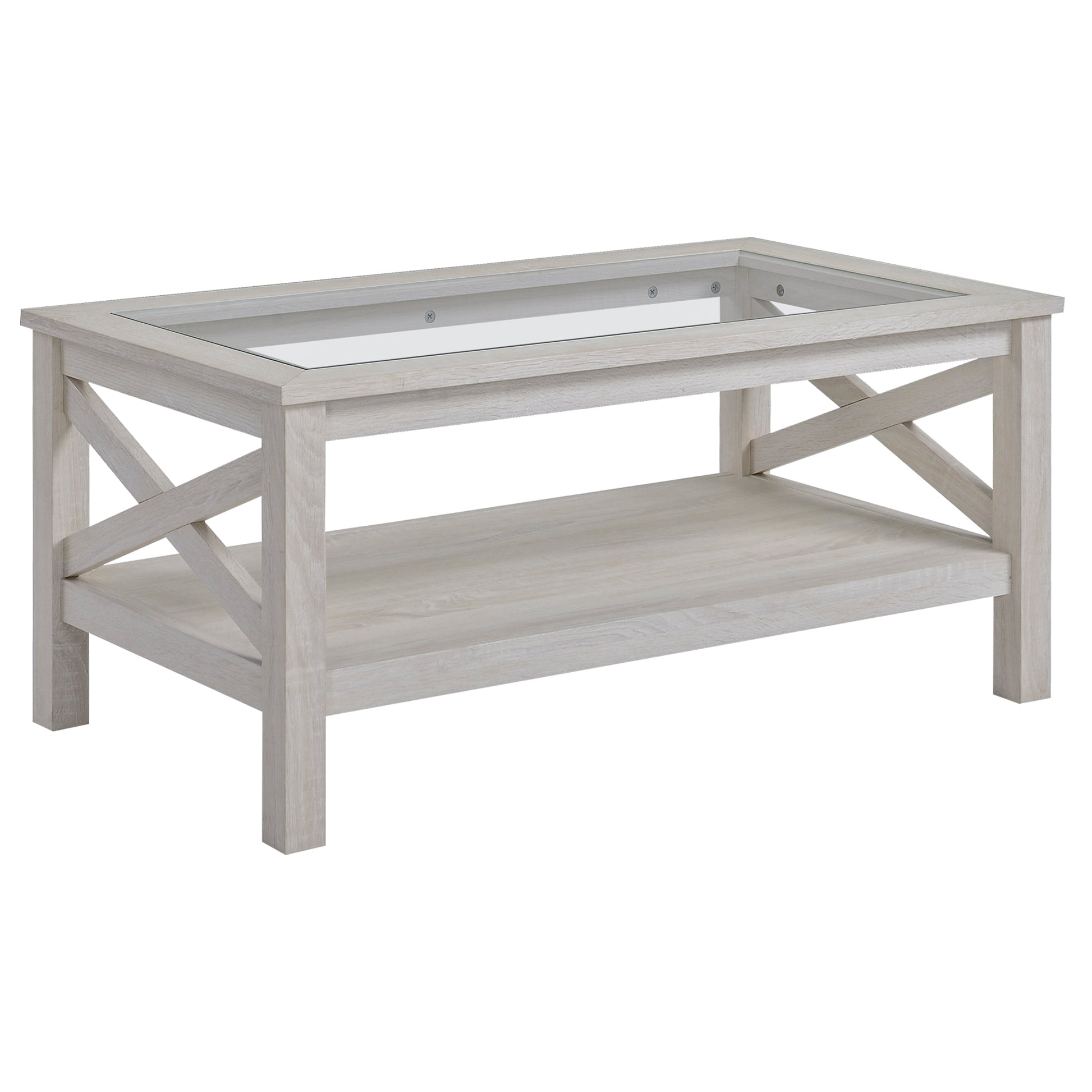 HOMCOM Farmhouse Coffee Table: Tempered Glass Top, Two-Tier Storage Shelf