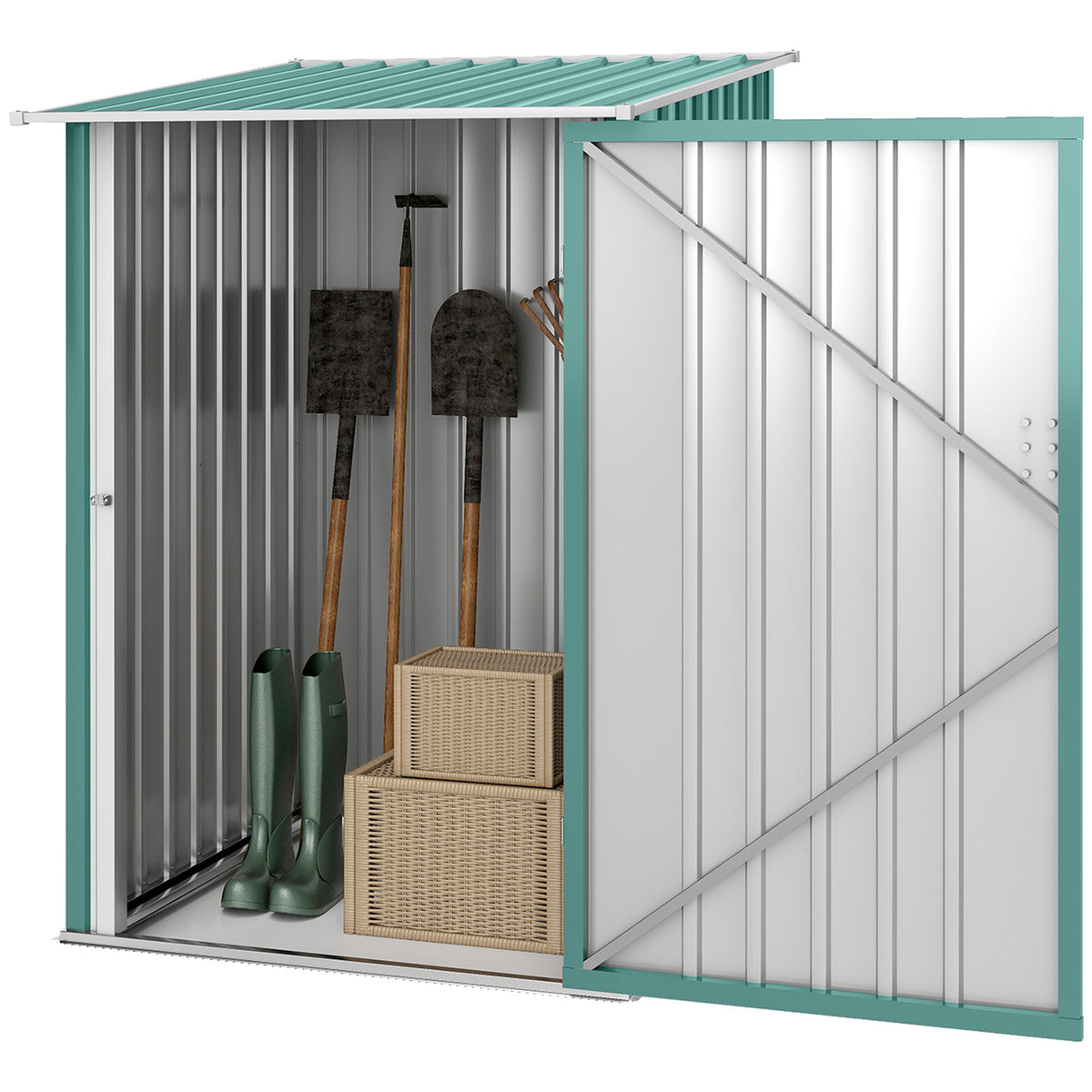 3.3' x 3.4' Lean-to Outdoor Garden Storage Shed, Galvanized Steel with Lockable Door for Patio – Green