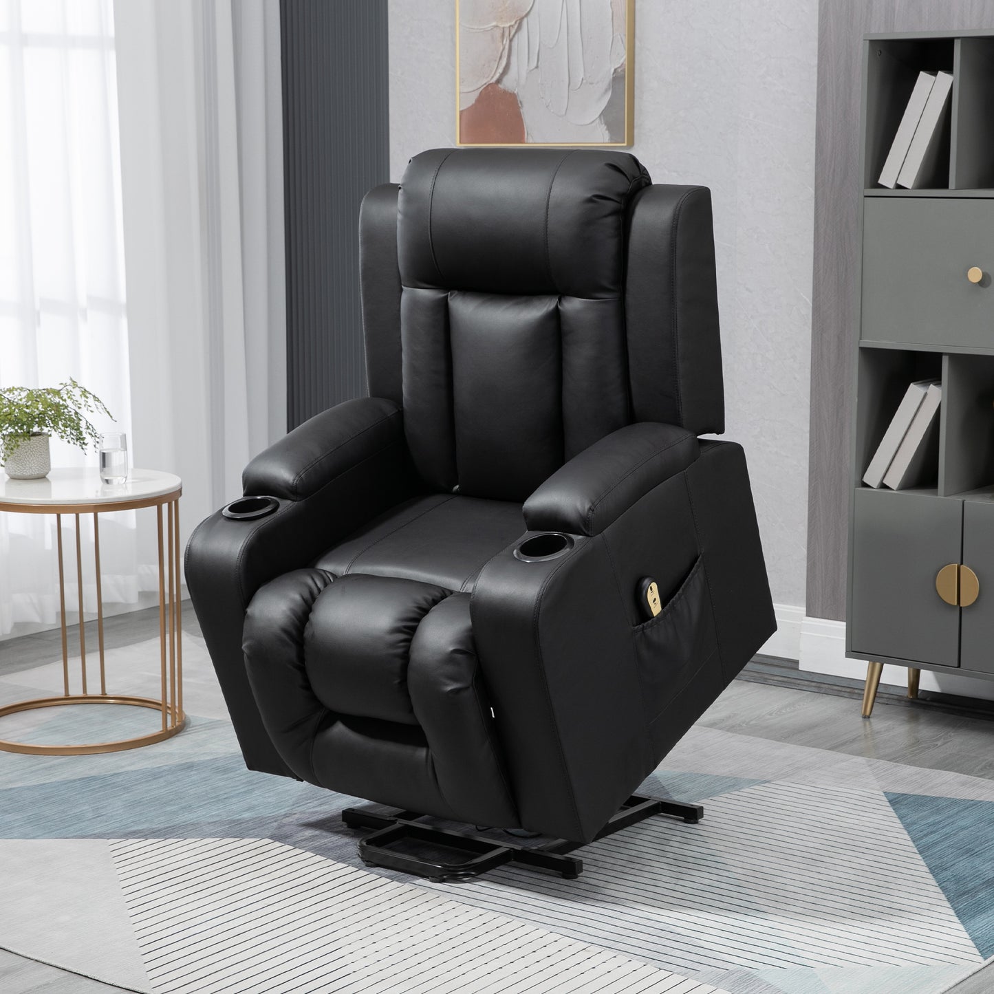 HOMCOM Electric Power Lift Recliner Chair, Black PU Leather, Footrest, Cup Holders