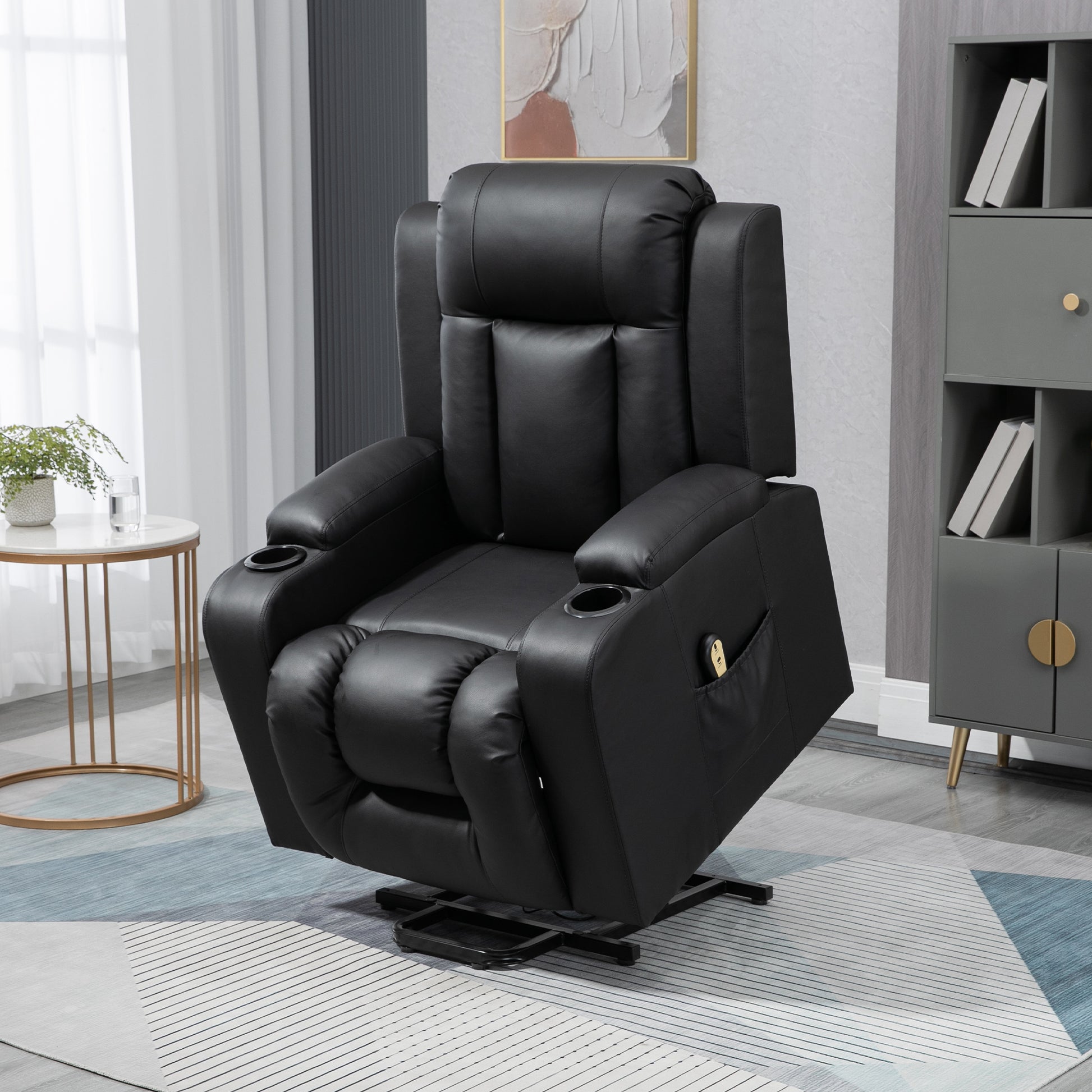 HOMCOM Electric Power Lift Recliner Chair, Black PU Leather, Footrest, Cup Holders