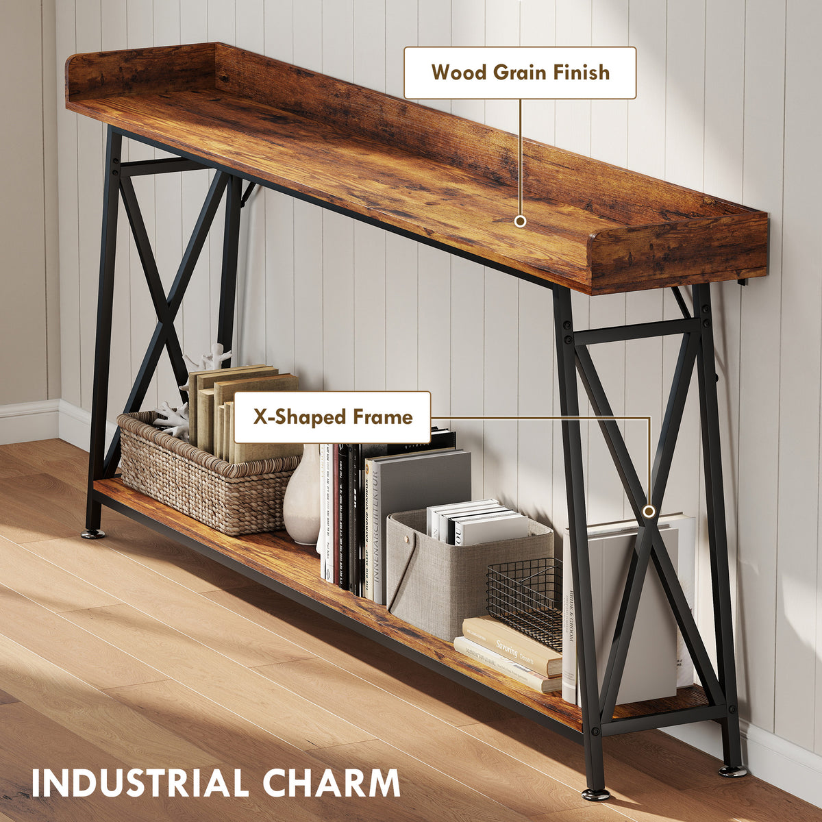 71" Extra Long Industrial Console Table with Shelf & Guardrails