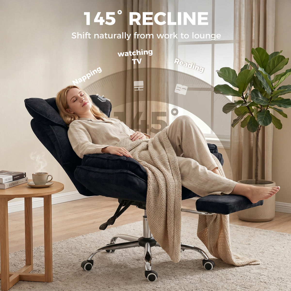 Big and Tall Office Chair with Footrest, High Back Snowflake Velvet Reclining Executive Desk Chair, Black