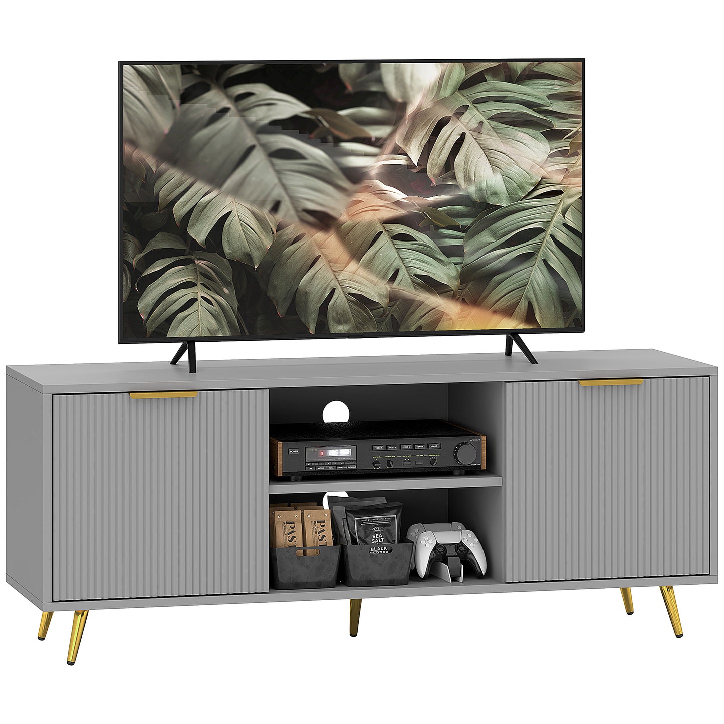 HOMCOM Modern Grey TV Stand for 55-inch TVs with Storage, Shelves, Cabinets