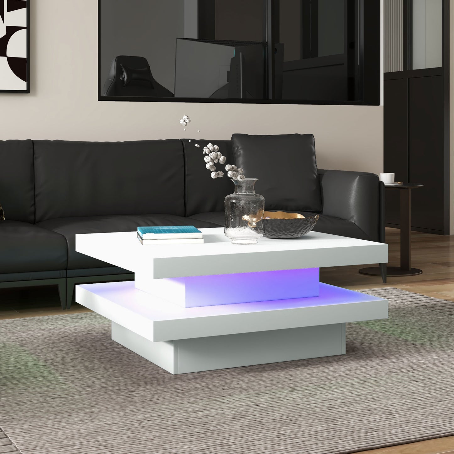 Modern Square Coffee Table with RGB LED Lights, Remote Control, 2-Tier Storage, White
