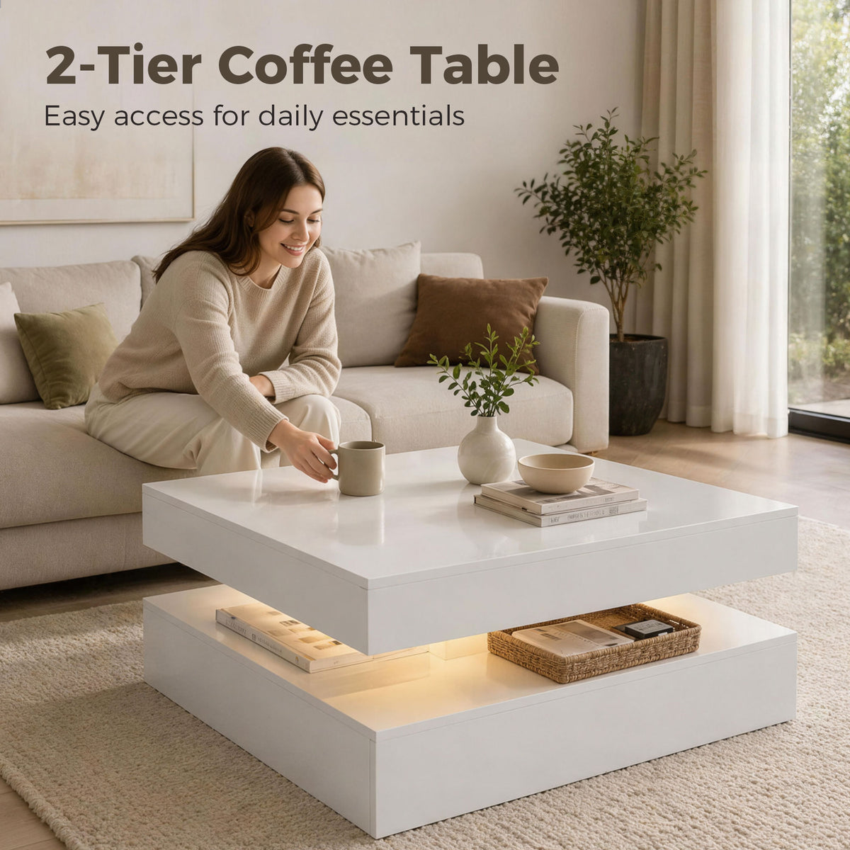 Square LED Coffee Table with 2-Tier Open Storage, High Gloss White