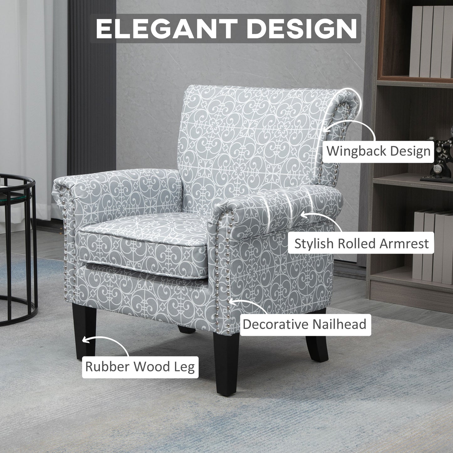 HOMCOM Modern Grey Linen Accent Chair, Rolled Arms, Nailhead Trim, Rubberwood Legs