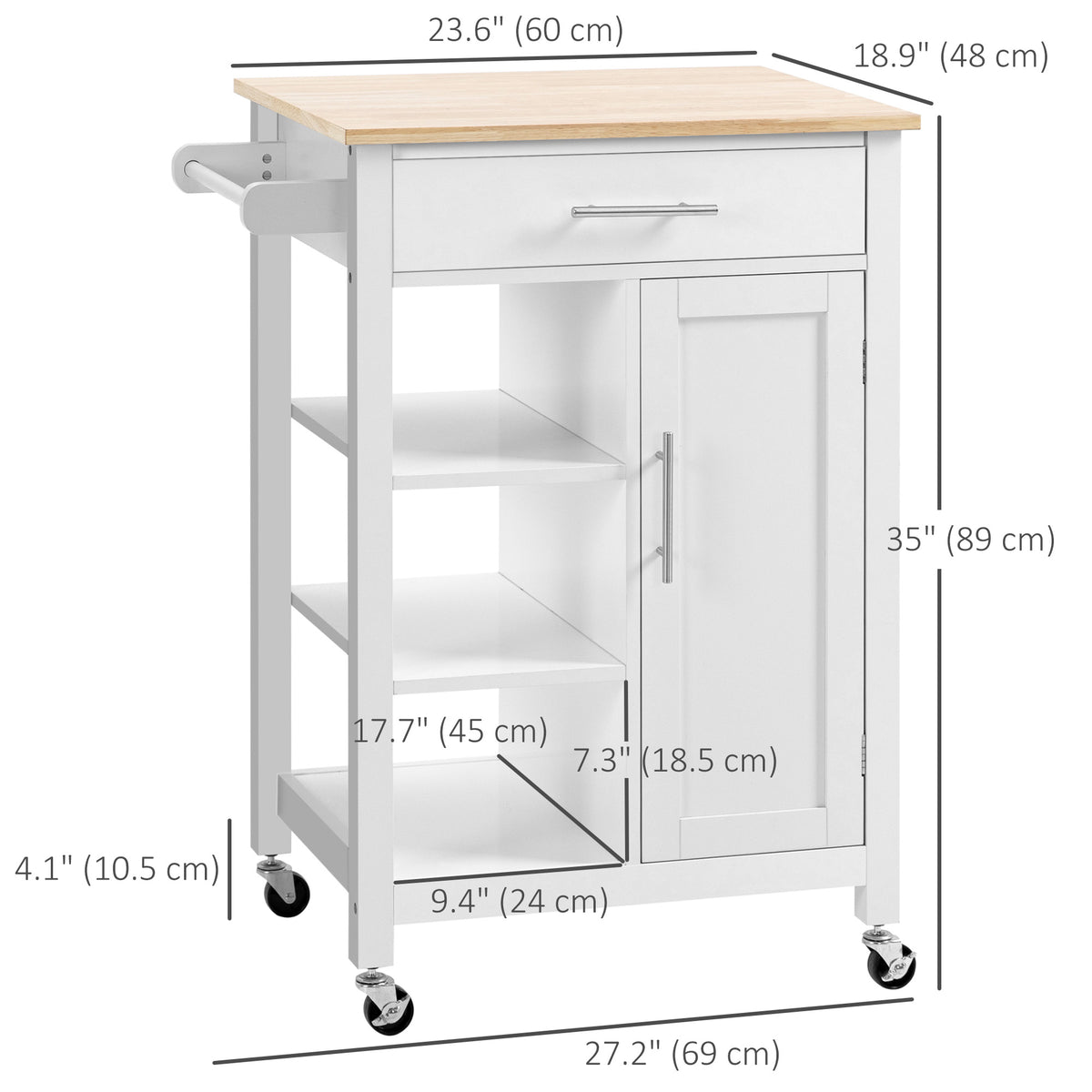 Compact Kitchen Cart on Wheels with Open Shelf & Storage Drawer – 27"W x 35"H