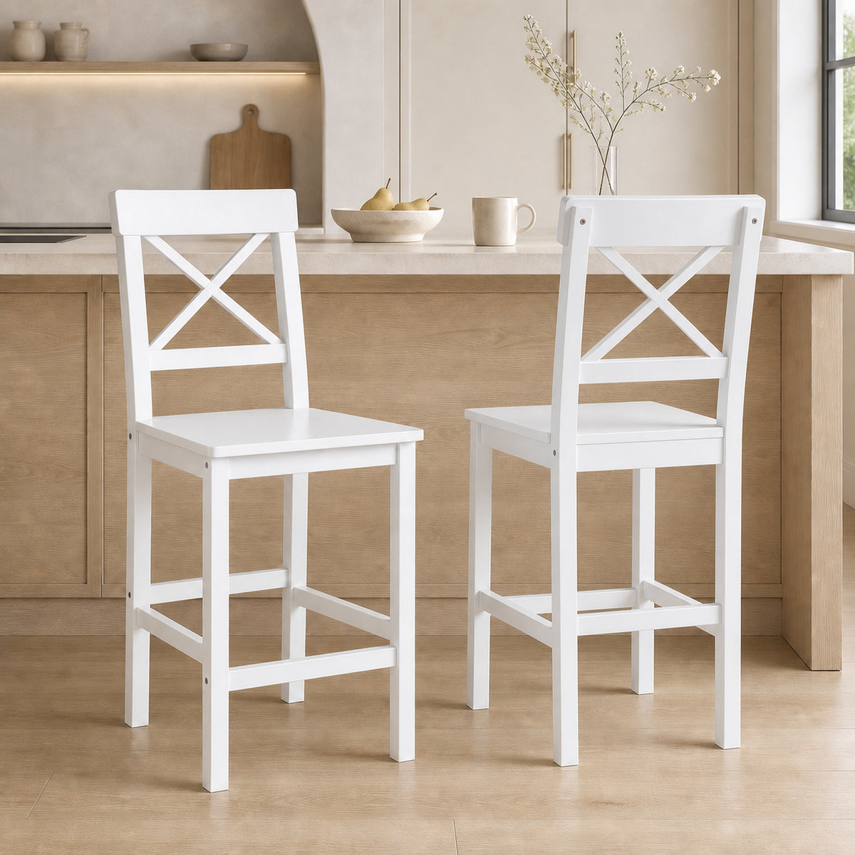 Farmhouse Solid Wood Counter Stools with Cross Backs, Set of 2, White