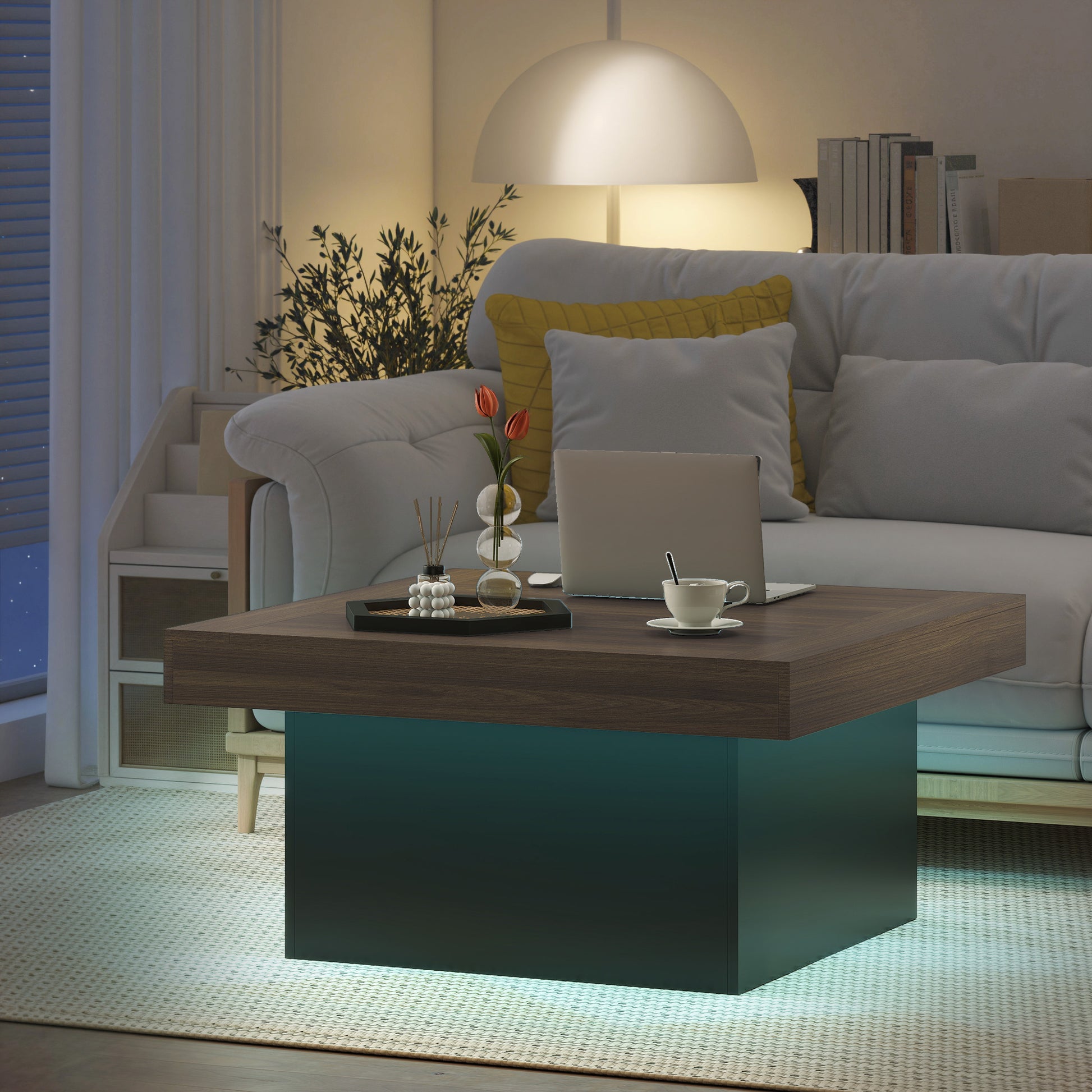 HOMCOM Square Coffee Table with 16-Colour LED Lights, Walnut, 35-Inch