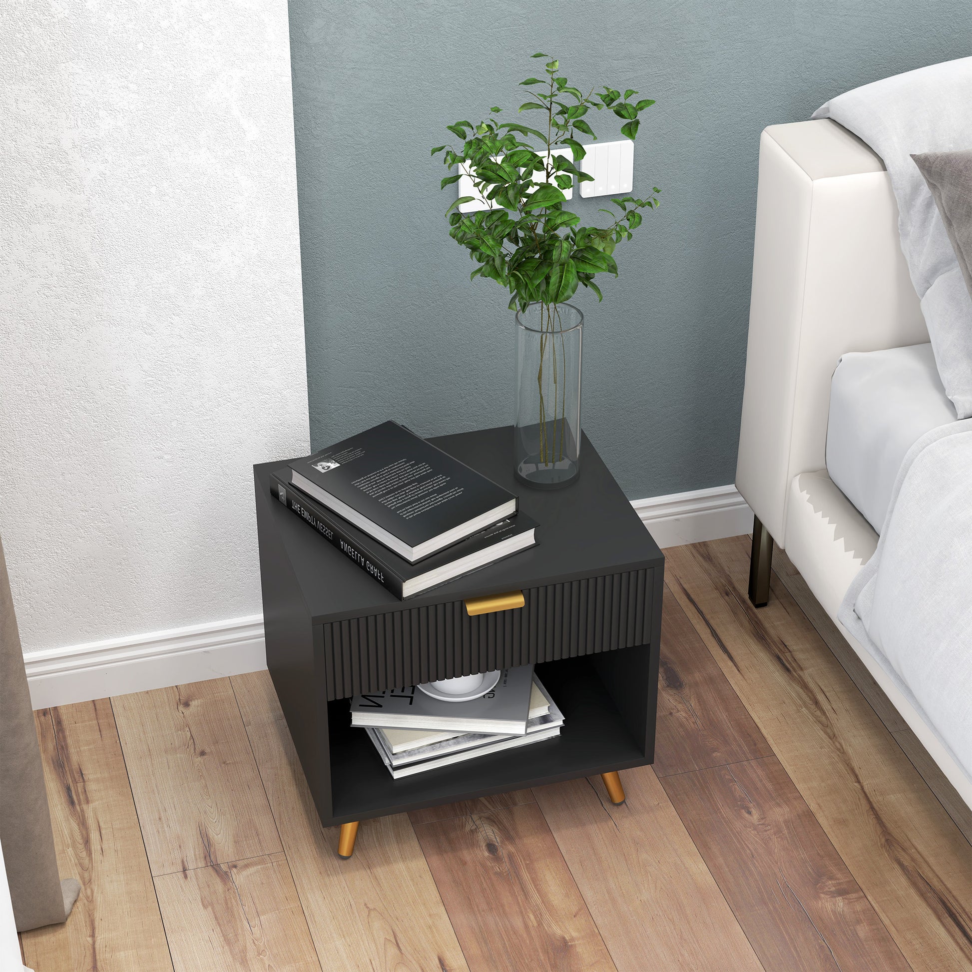 HOMCOM Modern Black Nightstand with Fluted Panel, Drawer & Open Storage for Bedroom