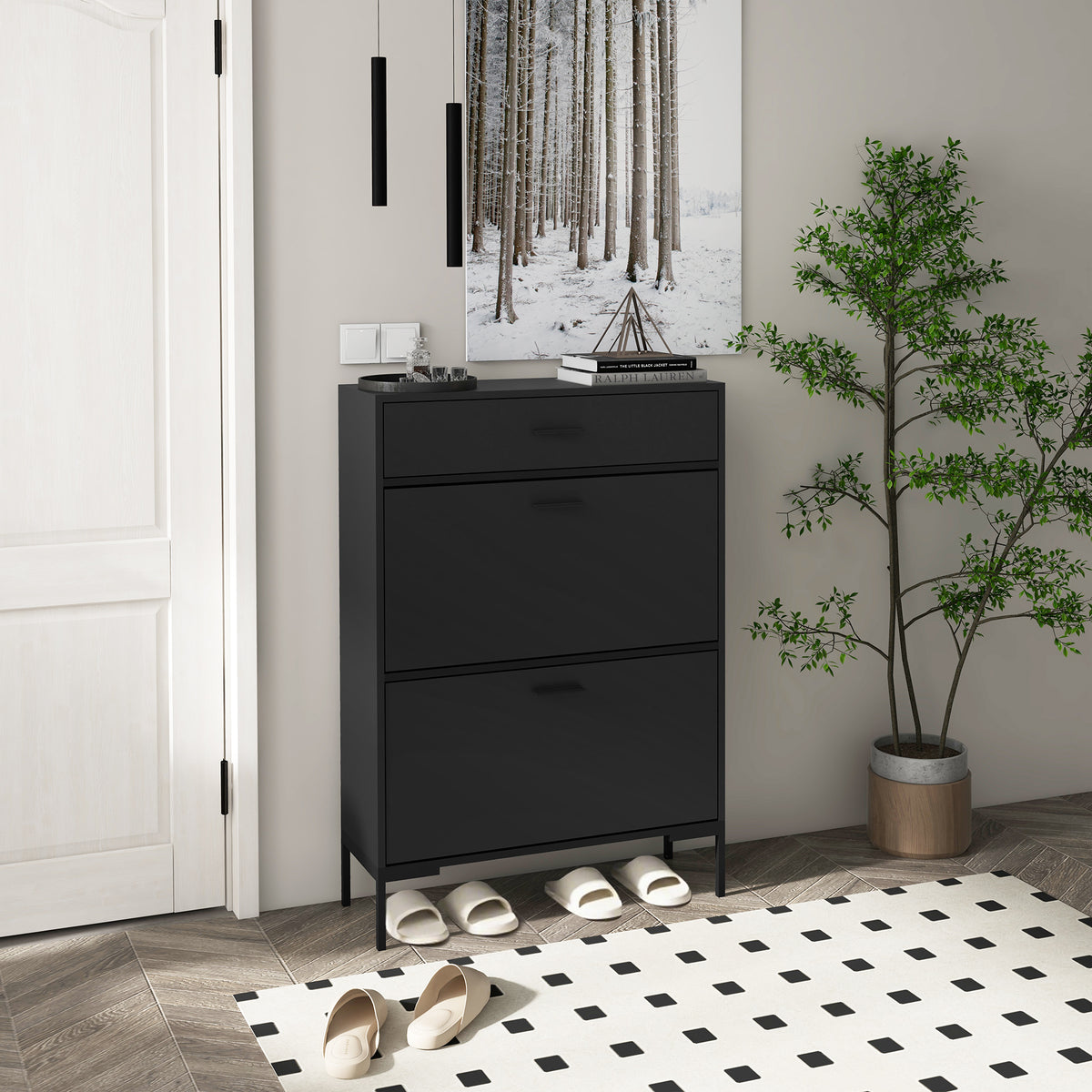 Modern Shoe Cabinet with 2 Flip Doors and Drawer – 30"W x 43"H
