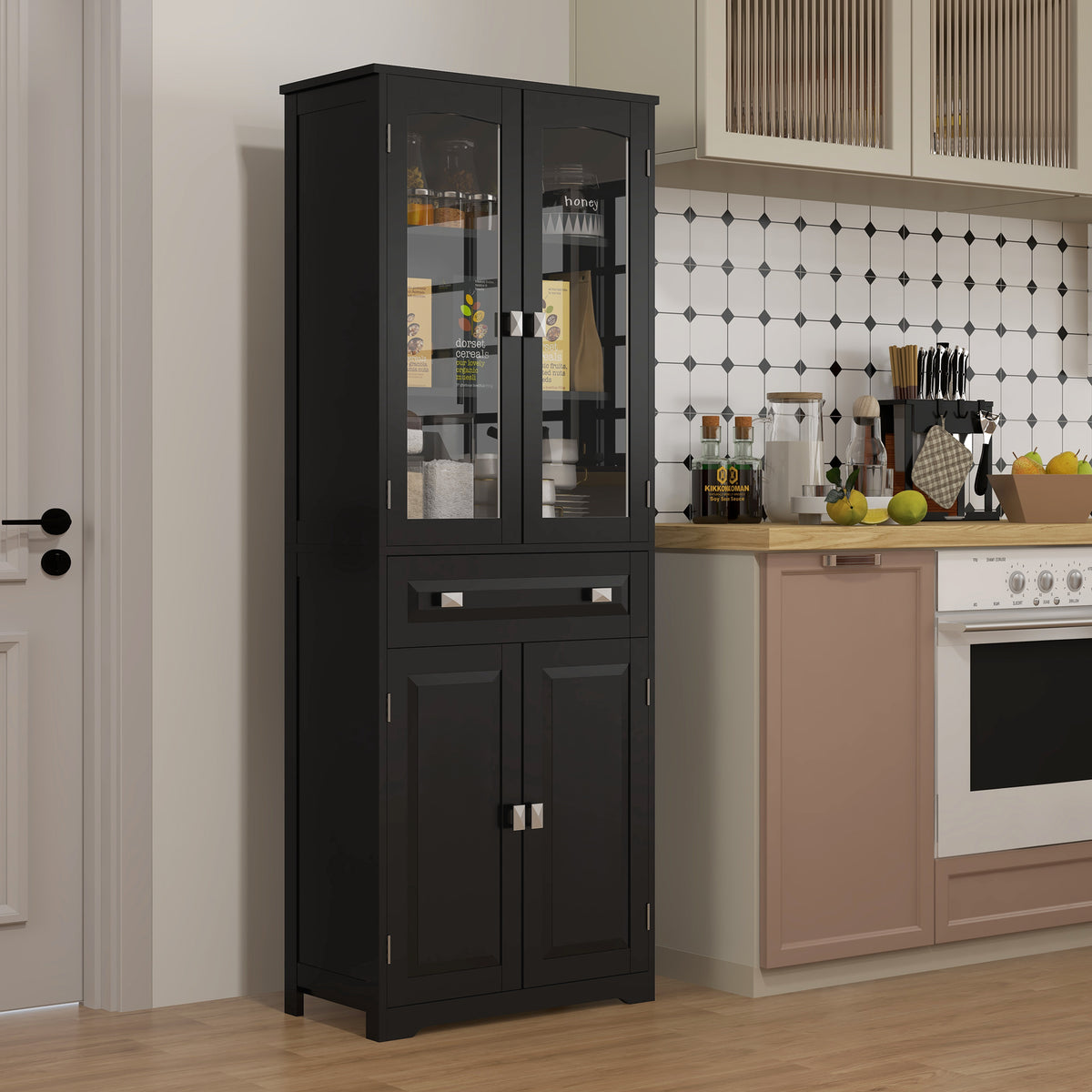 4-Door Kitchen Pantry Cabinet with Adjustable Shelves – 24"W x 63"H