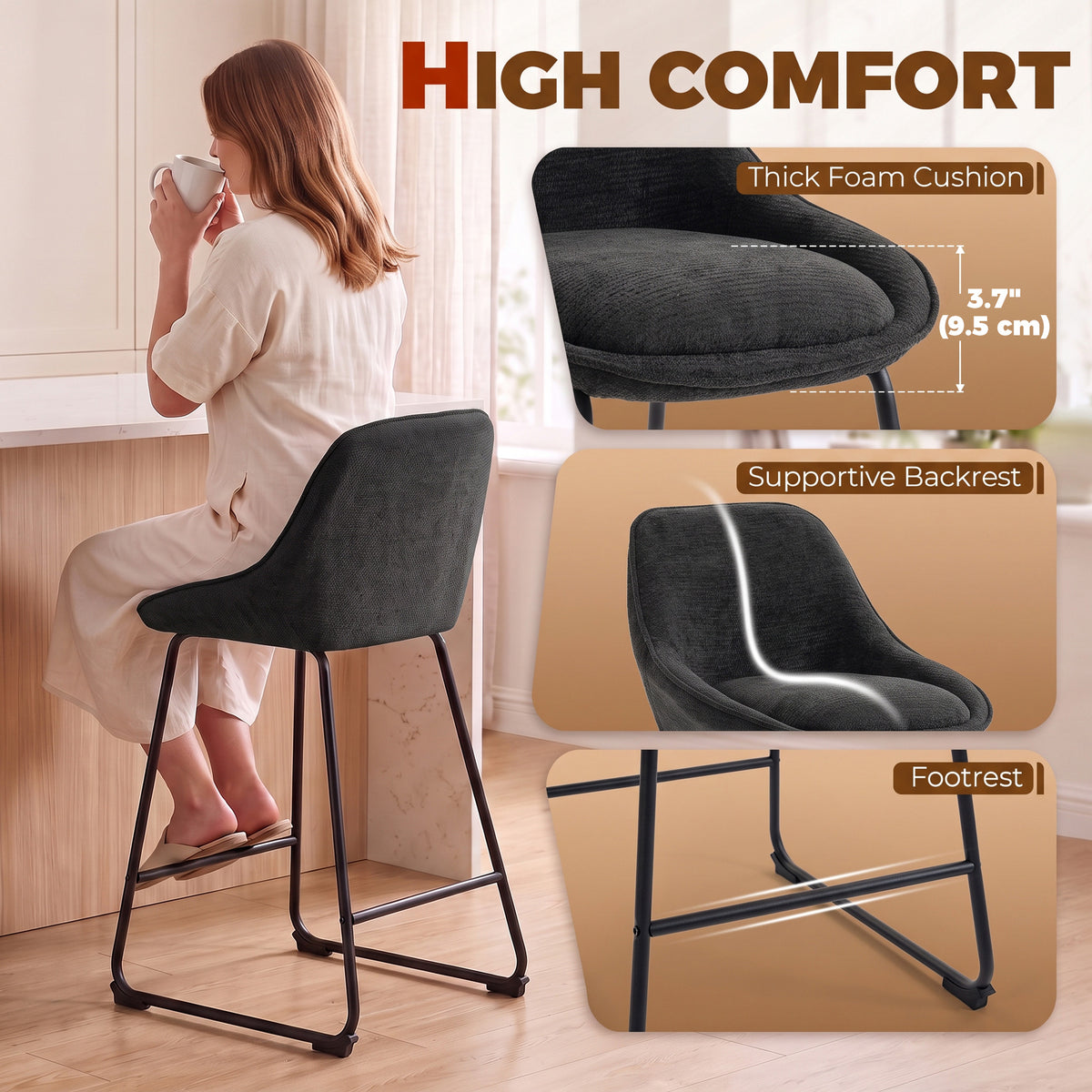 Chenille Counter Height Bar Stools with Backrest and Footrest, Set of 2