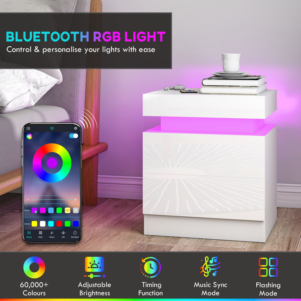 LED Nightstands with 2 Drawers, Set of 2 – 18"W x 21"H