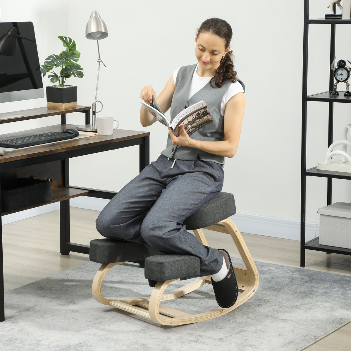 Ergonomic Kneeling Chair, Wood Kneel Stool with Thick Pads, Desk Knee Chair, Dark Grey