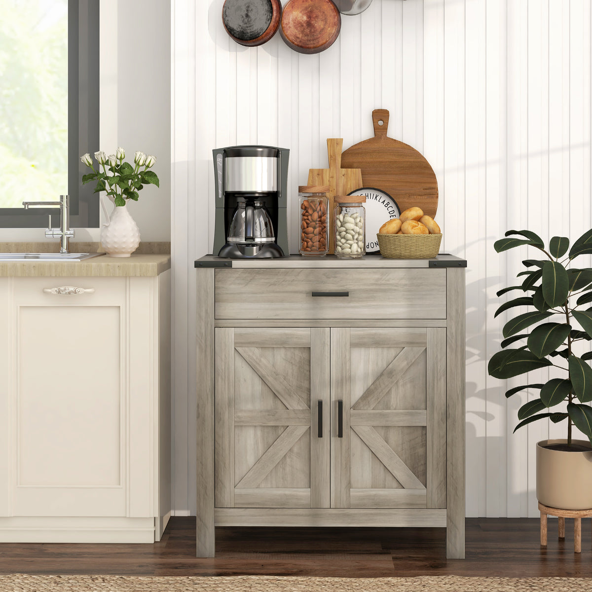 Farmhouse Kitchen Storage Cabinet with Drawer and Shelf – 31"W x 33"H