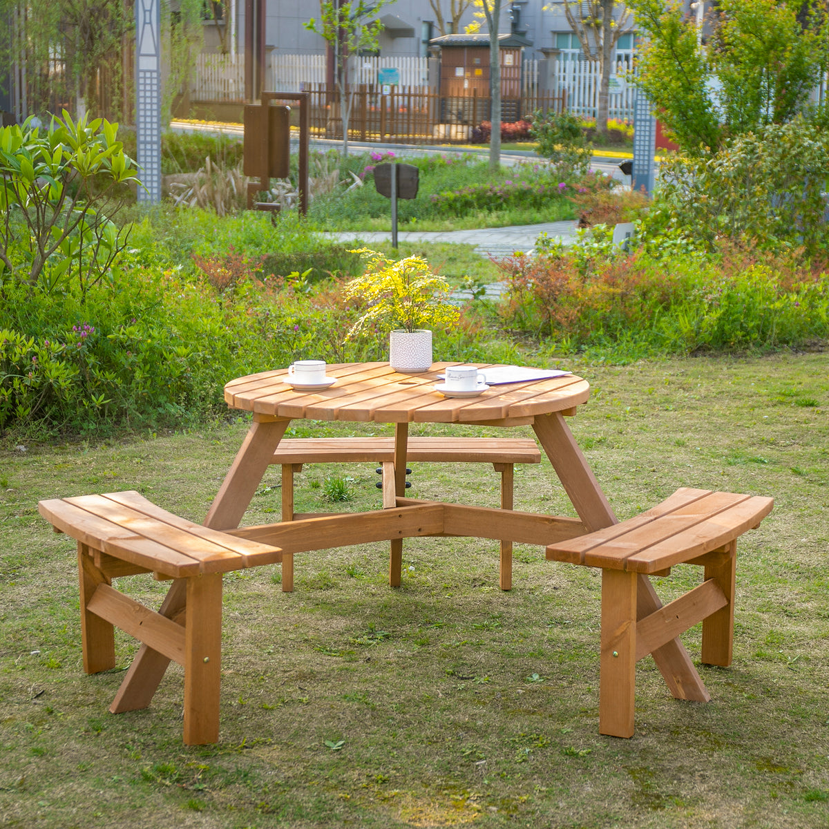 6 Person Round Picnic Table Bench Set with Umbrella Hole, Wood Patio Table with 3 Built-in Benches for Garden, Deck, Backyard – Brown