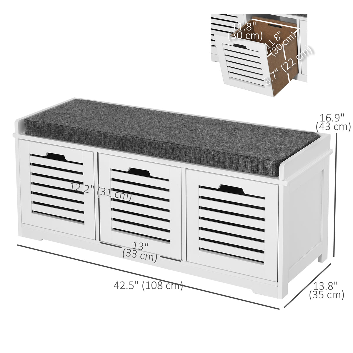Upholstered Shoe Storage Bench with Padded Cushion – 43"W x 17"H