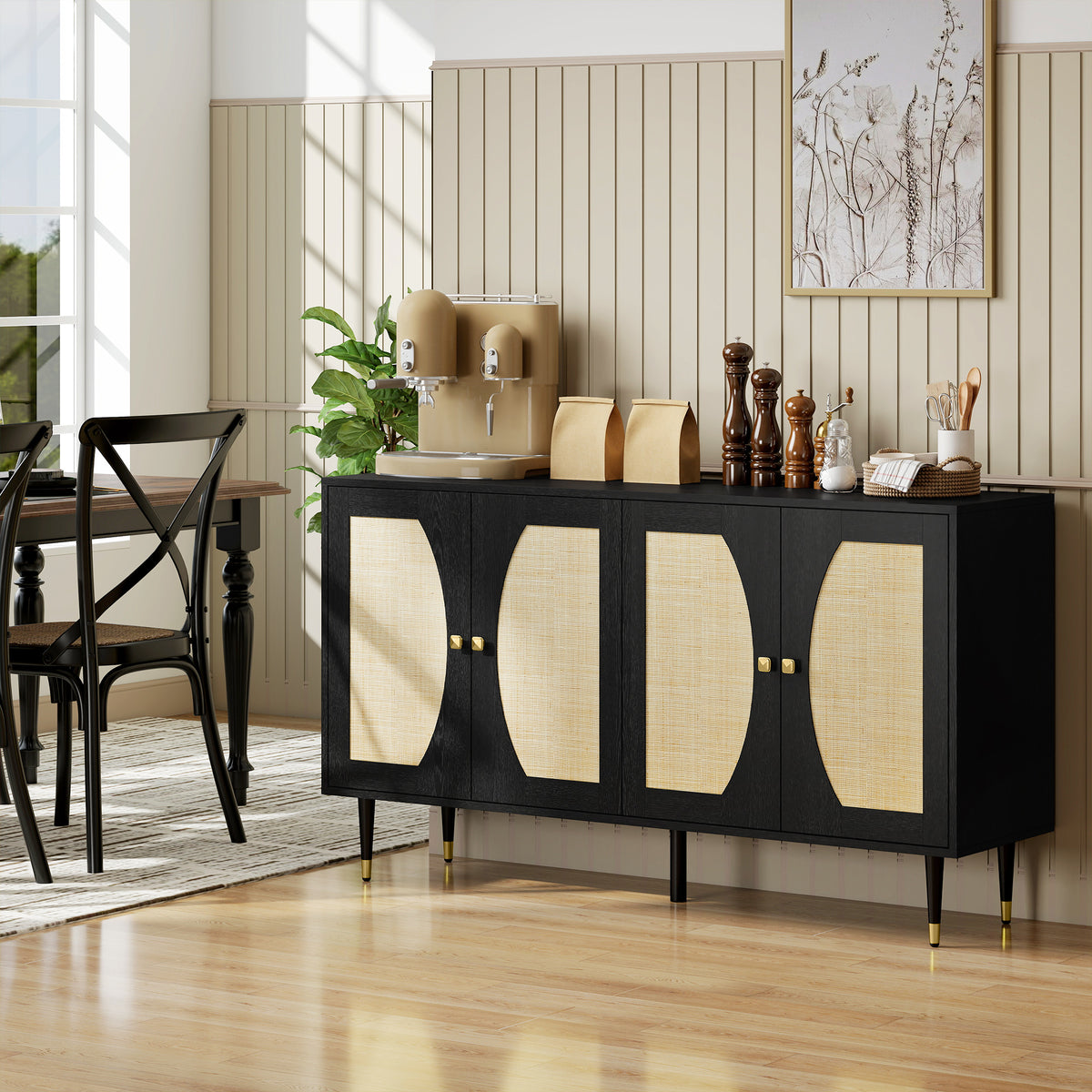 Boho Sideboard with Rattan Doors and Soft-Close Hinges – 55"W x 31"H
