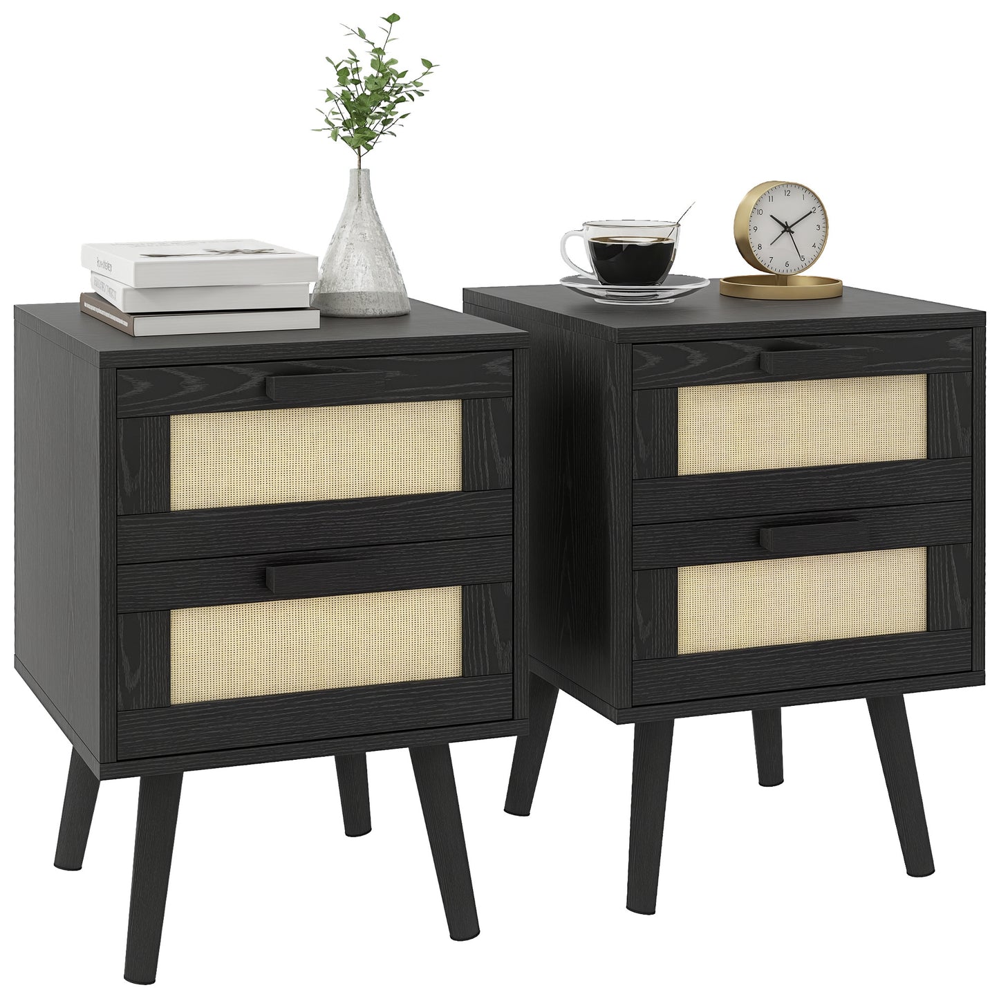 HOMCOM Boho Nightstands Set of 2, Black Bedside Tables with Storage Drawers