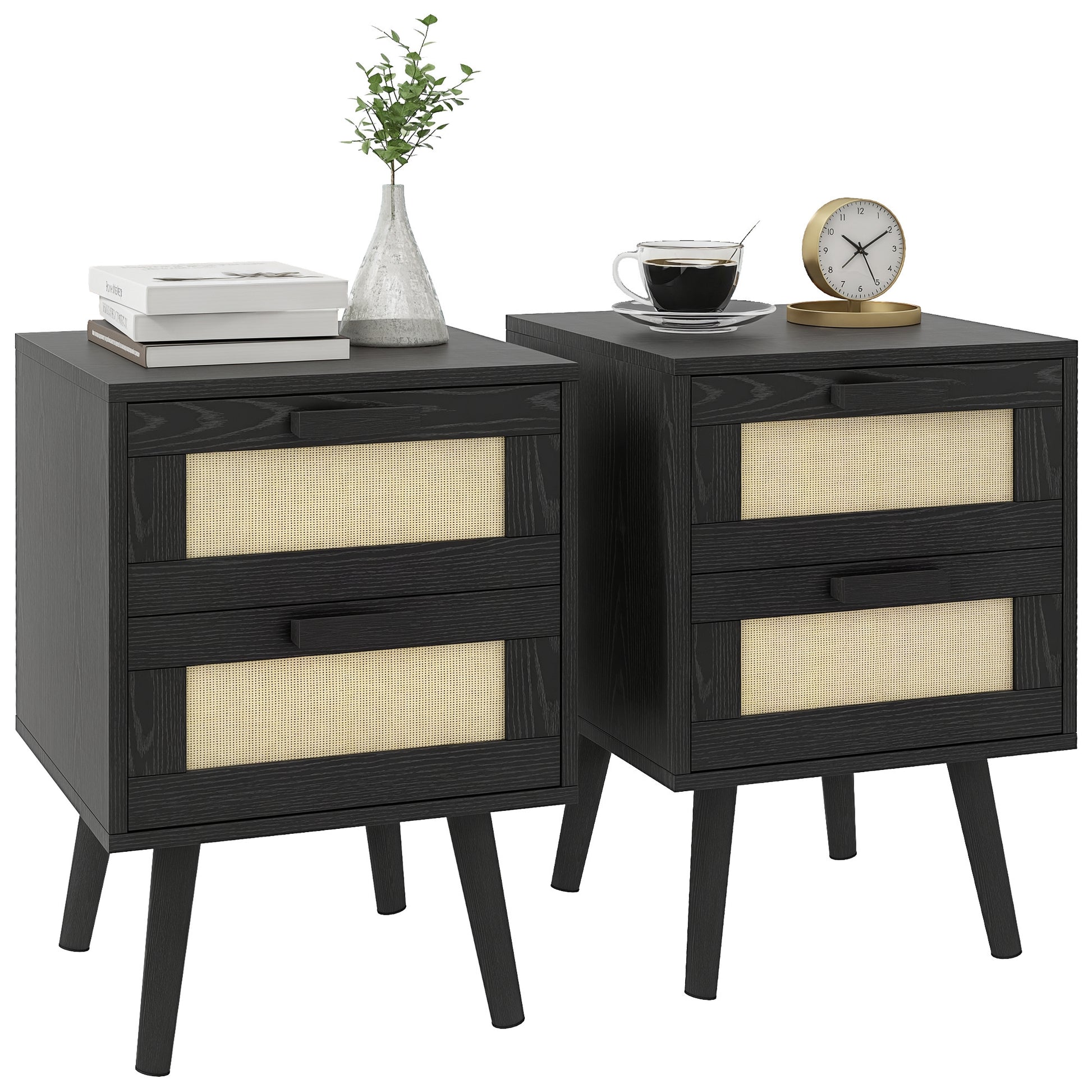 HOMCOM Boho Nightstands Set of 2, Black Bedside Tables with Storage Drawers