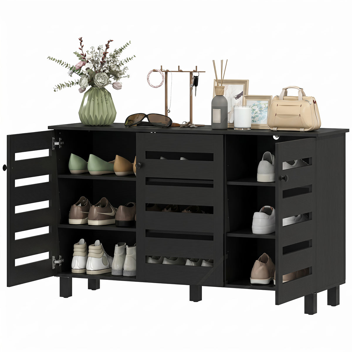 Shoe Cabinet with 3 Slatted Doors – 44"W x 26"H