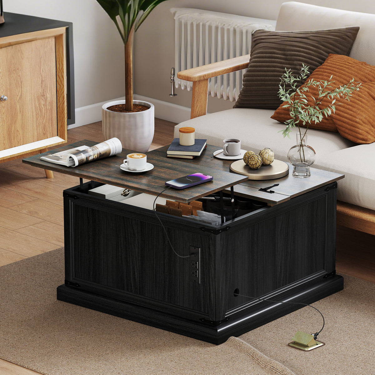 Square Lift-Top Coffee Table with Charging Station and Hidden Storage